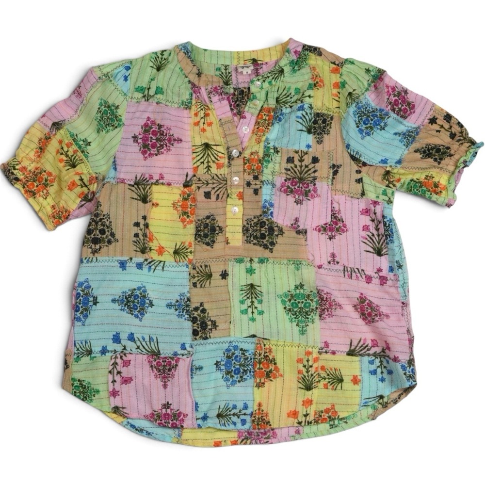Ivy Jane Patchwork Floral Top Boho Puff Sleeve Cotton Blouse Multicolor